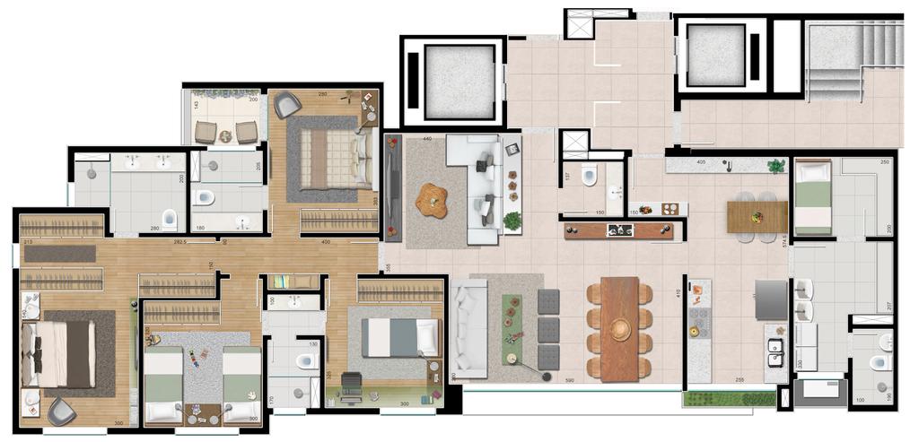 4 QUARTOS 163 M² SUÍTE COM VARANDA: ÁREA TOTAL DE 13 M 2 HALL SOCIAL HALL DE SERVIÇO COZINHA COM SALA DE ALMOÇO: ÁREA TOTAL DE 17 M 2 4 QUARTOS