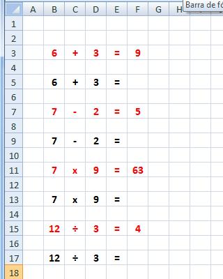 Observa a figura seguinte e escreve nas células F5, F9, F13 e F17, seguido de Enter -o que se vê dentro da caixa que se encontra à frente de cada uma daquelas células.