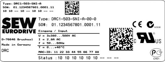 Estrutura da unidade Exemplo de plaqueta de identificação e denominação do tipo Sistema eletrônico 3 3.6 Exemplo de plaqueta de identificação e denominação do tipo Sistema eletrônico 3.6.1 Plaqueta de identificação A figura abaixo mostra um exemplo de plaqueta de identificação DRC.