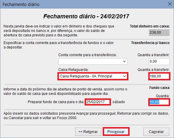 Como pode observar na imagem a seguir no nosso exemplo, vou guardar em outro caixa da loja (caixa retaguarda) a quantia de R$ 188,00.