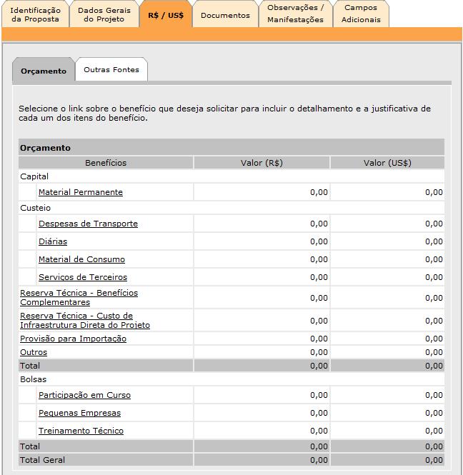 Orçamento A subaba Orçamento da aba R$ / US$ pode ser vista na figura abaixo: Atente para as seguintes