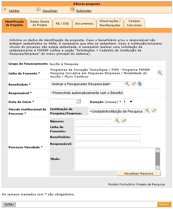 - PIPE - Fase 2 Indireta Ambas as telas têm uma barra superior com algumas funcionalidades, diversas abas com informações requeridas para a submissão da proposta e a barra inferior, onde existe o