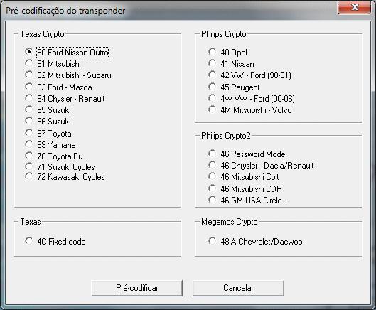 Para ter acesso a essas funções, abra o menu Pré codificação. Escolha o tipo de transponder que deseja pré codificar, e confirme pressionando o botão Pré codificar.