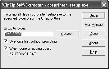 6 De seguida, deve indicar, no campo <Unzip to Folder>, a pasta da aplicação que pretende actualizar com o DOSPrinter.