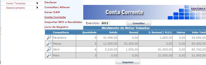 Na tela seguinte pode visualizar as notas antes de importar, clicando em imprimir ou no ícone.