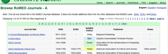 Código de cores As listagens facultadas classificam as políticas de copyright e de auto arquivo, através de categorias de cores Preprints (fase anterior ao peer review) Auto arquivo de preprints e