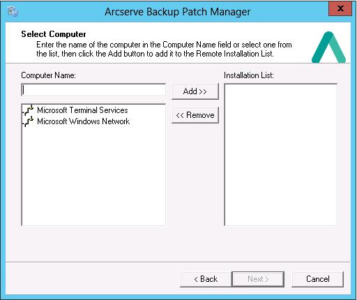 Opções de instalação Selecionar computador para instalação remota Selecione os computadores para a instalação remota do Arcserve Backup Patch Manager.