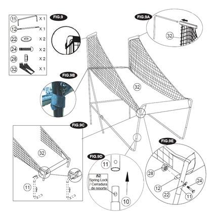13 Encaixe o elástico na Rampa da bola com rede lateral (32) sobre os tubos da tabela, como mostrado nas figuras 9A e 9B.