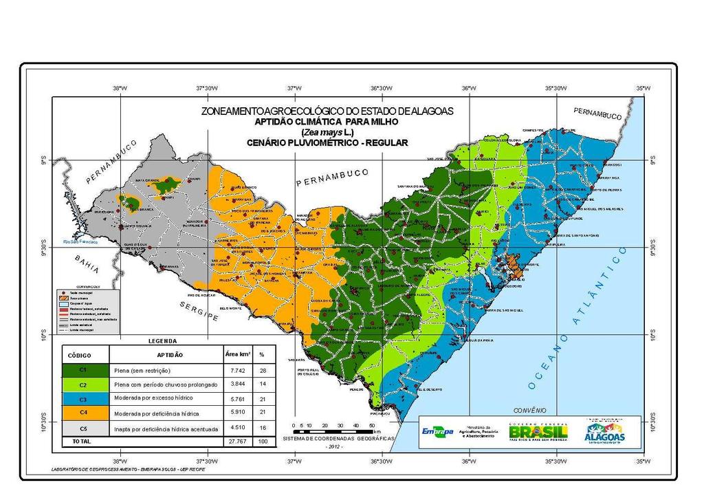 Figura 23. Zoneamento de aptidão climática do Estado de Alagoas para cultura do milho no cenário pluviométrico seco.