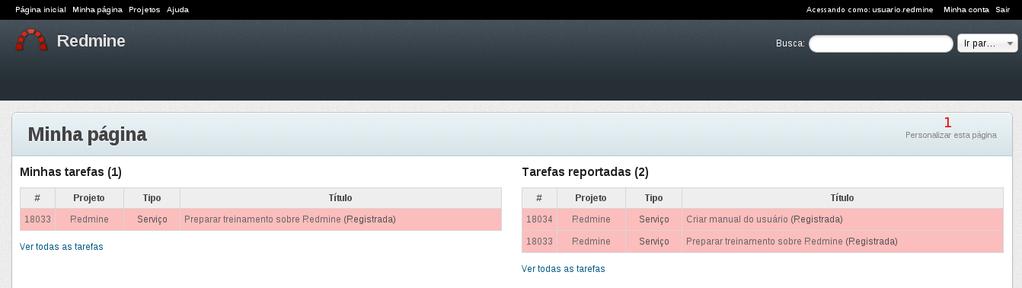Figura 3: Minha Página com tarefas registradas pelo usuário e atribuídas a ele A página do usuário pode ser personalizada, exibindo apenas os blocos de informação que o