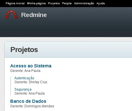 Figura 7: A página de projetos exibe a lista de todos os projetos cadastrados no Redmine Na página Projetos, o Redmine exibe a lista de todos os projetos cadastrados no sistema.