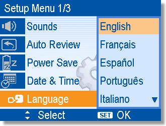 Ajustar o idioma/data & hora Antes da primeira utilização, seleccione o idioma desejado e insira a data e a hora correctas. Configurar o idioma 4 Ligue a câmara e aceda ao menu Setup (Configuração).