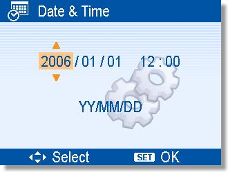 Configurar a Data & Hora Ligue a câmara e aceda ao menu Setup (Configuração). Seleccione [ Date & Time]. Prima ou para seleccionar [Date & Time], em seguida prima ou o botão SET para abrir o submenu.