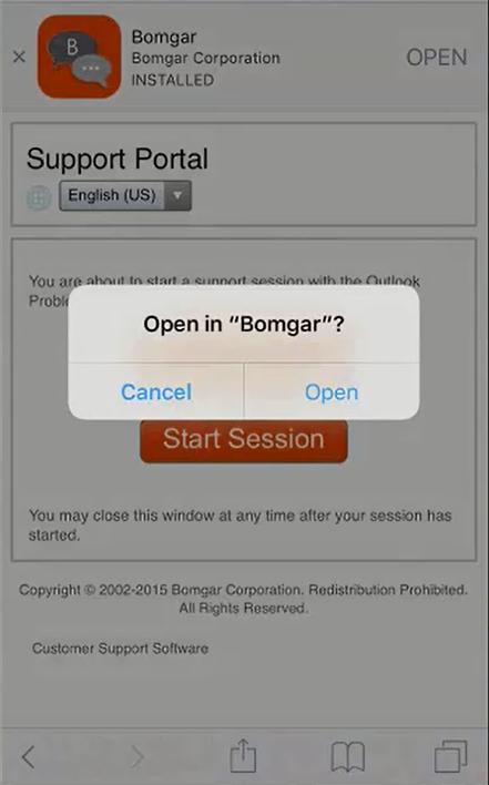 3. Se o cliente tiver a aplicação Cliente Bomgar instalada no dispositivo ios, pode tocar em Iniciar Sessão para iniciar a sessão.