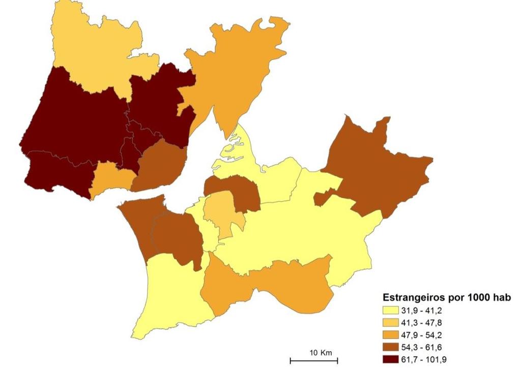 estrangeiros em Lisboa face ao total populacional (5,81%) é inferior à média na AML (Quadro 4).