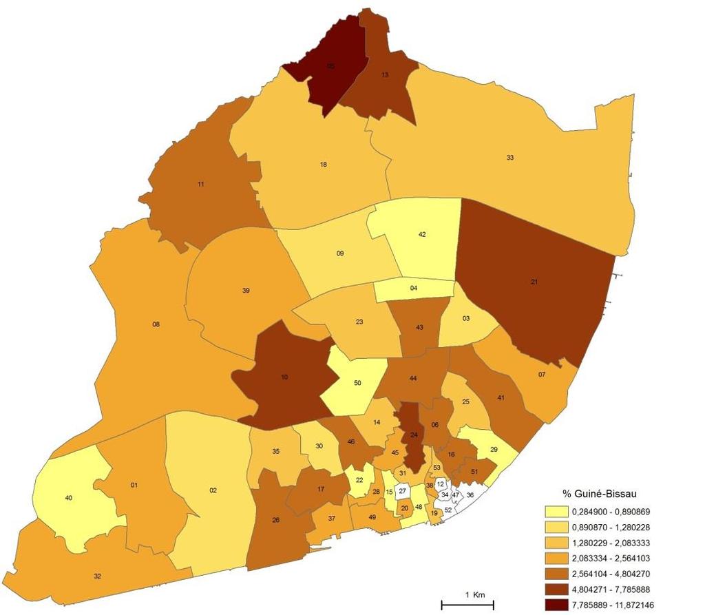 Distribuição espacial da população nacional da Guiné-Bissau Figura 34.