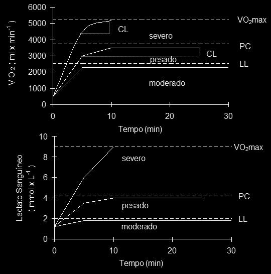 Representação gráfica da resposta do consumo de oxigênio ( O 2 ) e da concentração de lactato sanguíneo em diferentes domínios de exercício.