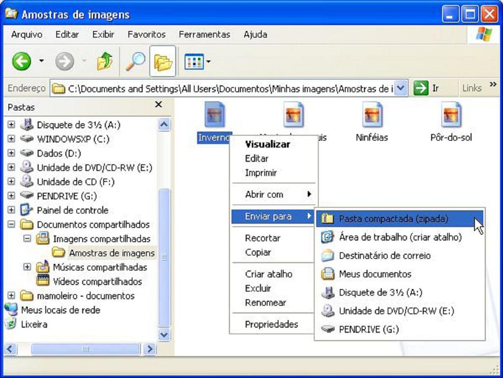 A instalação de um outro programa de compactação no Windows removerá o recurso Pastas compactadas (zipadas) das opções de menu acessadas clicando com o botão direito do mouse e substituirá pelo ícone