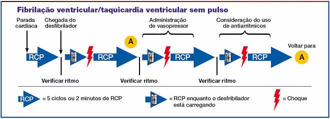 após reassume-se as compressões torácicas (caixa 4). Deve-se dar somente um choque em vez de três choques sucessivos, comparado ao protocolo anterior.