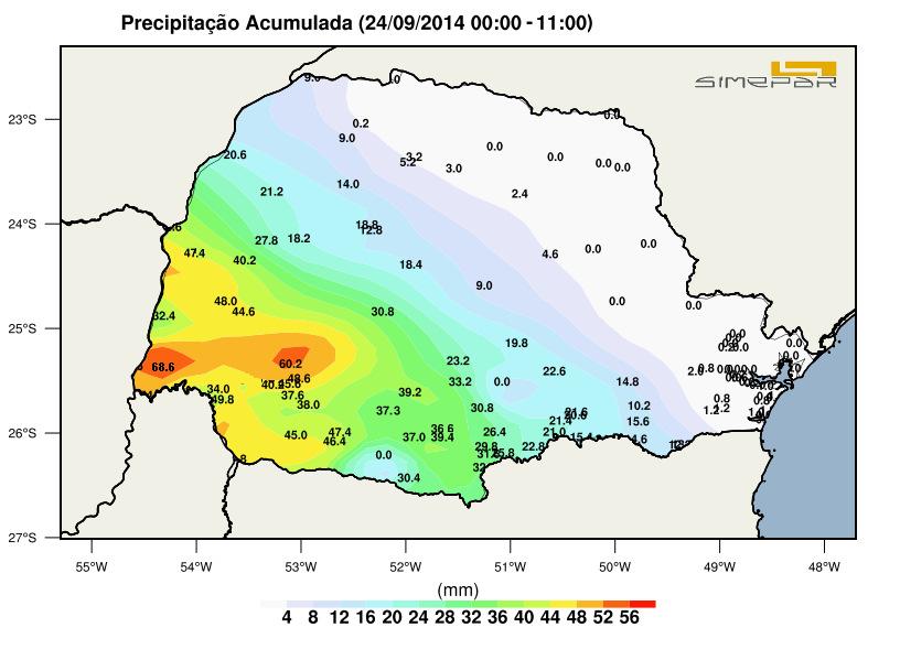 2. CHUVAS JÁ REGISTRADAS O mapa abaixo mostra a distribuição das chuvas registradas nesta sexta-feira, 24/09/2014, entre