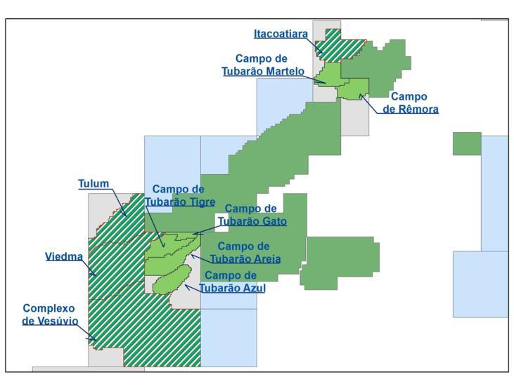 EXPLORAÇÃO: Bacia de Campos Destaques da Bacia de Campos 6 blocos operados pela OGX (4 blocos com 100% e 2 com 70% com participação da Maersk) Área Total de 703 km² 73 poços perfurados 4 planos de