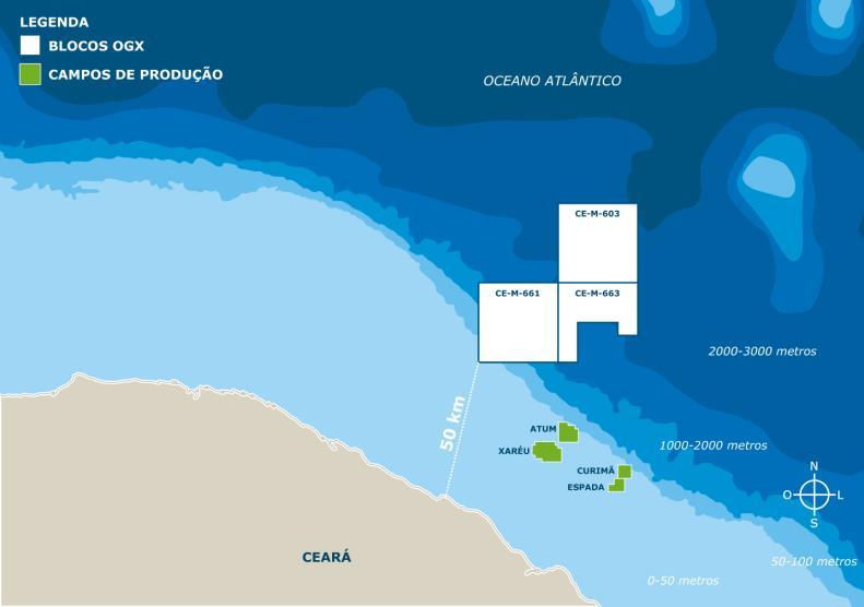 EXPLORAÇÃO: Bacia do Ceará 11 a Rodada da ANP Destaques da Bacia do Ceará 2 blocos (não operados pela OGX) Área total de 1.