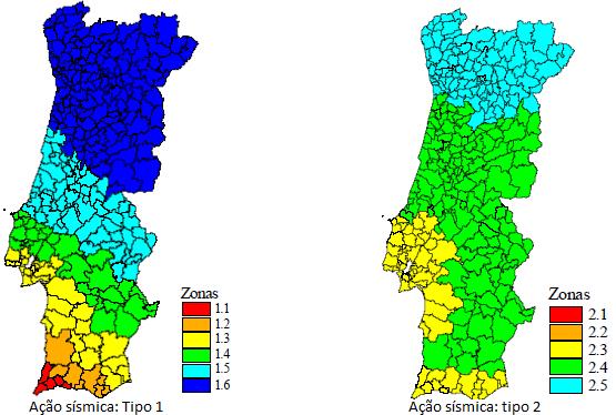 Figura 55 - Zonamento sísmico em Portugal Continental, adaptada (NP EN 1998-1 2009) A área em estudo está localizada na zona sísmica 1.