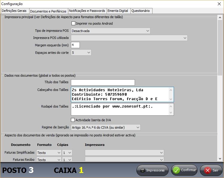 66 No separador Documentos e Periféricos, pode configurar as impressoras de documentos, cabeçalho e rodapé dos talões, pedidos para a cozinha ou tipos de pagamentos disponíveis.
