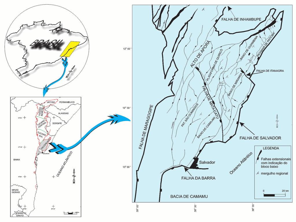 Figura 1 Mapa de localização e mapa do arcabouço estrutural da Bacia do Recôncavo (adaptado de Petrobras, 1993).