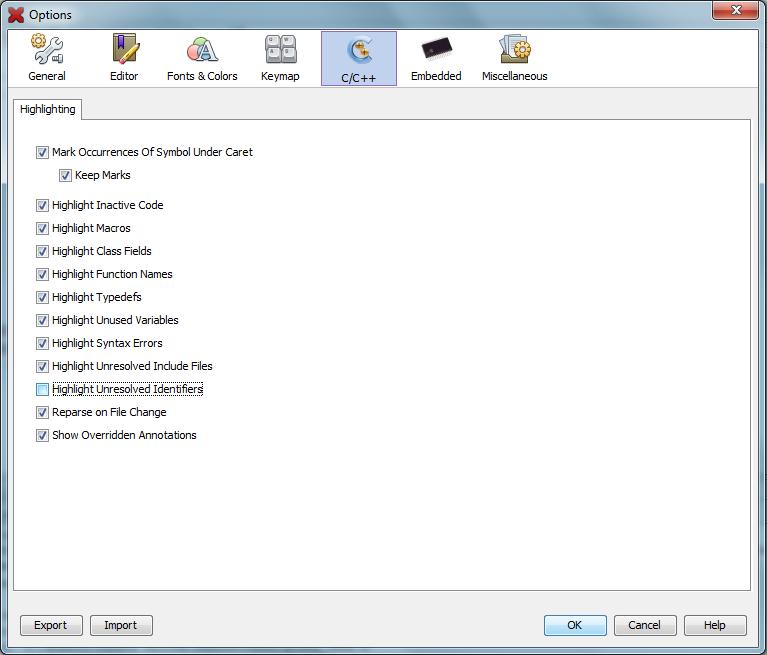 opção C/C++ e desmarque a opção Hightlight Unresolved Identifiers, conforme