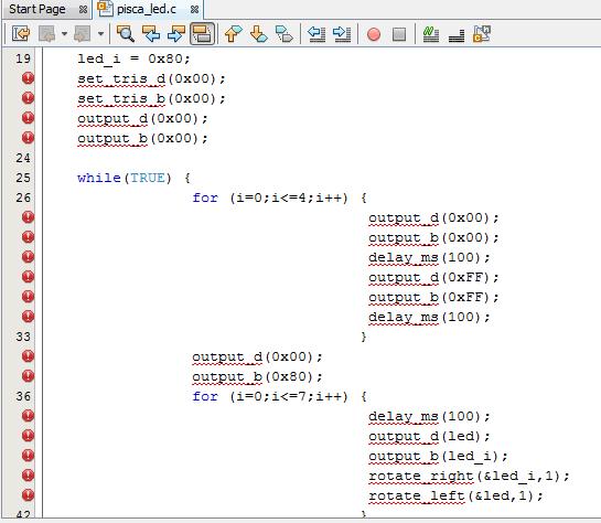 output_b(0xff); delay_ms(100); } output_d(0x00); output_b(0x80); for (i=0;i<=7;i++) { delay_ms(100); output_d(led); output_b(led_i); rotate_right(&led_i,1); rotate_left(&led,1); }