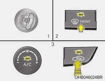 Características do seu veículo Sistema de controle de climatização automática 1. Gire o interruptor de ignição para a posição ON. 2. Pressione o botão ( ). 3.