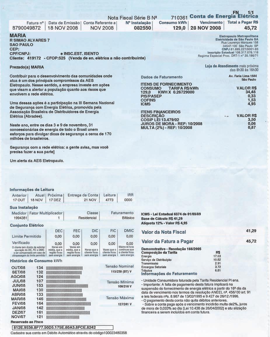 j) A conta de luz analisada