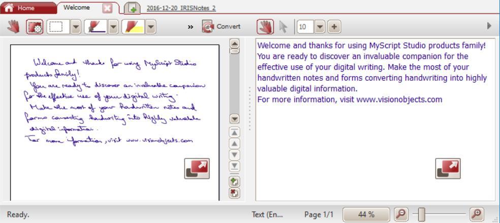 A nota convertida é apresentada como texto editável no painel do lado direito. Editar notas Pode editar livremente as notas originais e o respetivo texto convertido.