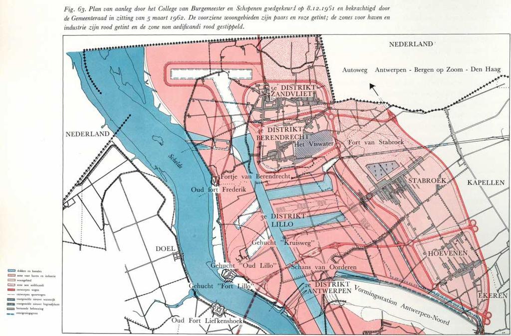 Figura 11 - Plano para a extensão do Porto para norte com as comunidades satélite propostas (em sombreado vermelho) (Ryckewaert, 2010) Já nos anos 80, e na sequência de debates surgidos quando se