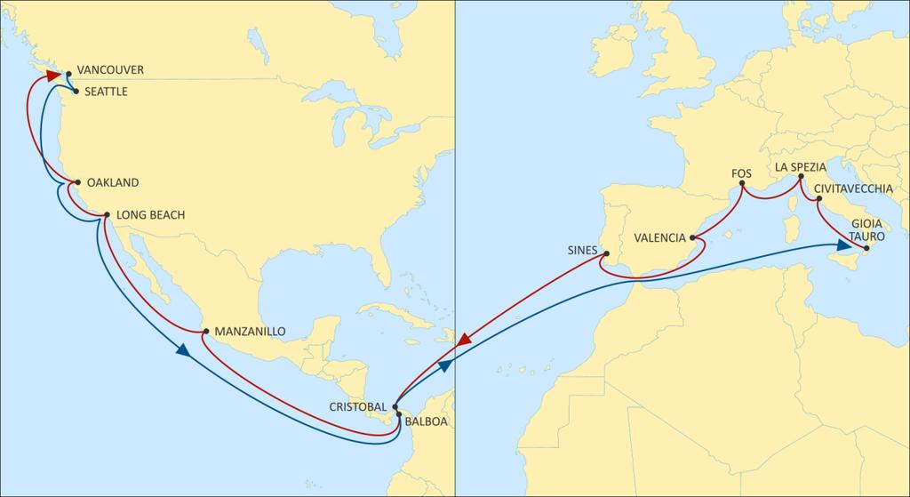 para outra dos Estados Unidos, bem como algumas rotas entre a Europa e a Costa Oeste da América do Sul. Notam-se também algumas rotas de circum-navegação.