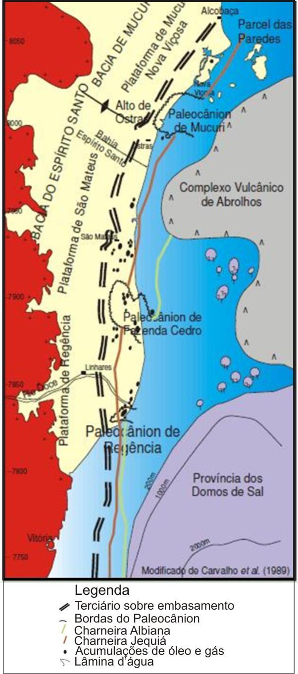 11 Figura 4 - Mapa de localização e principais feições estruturais e sedimentares da Bacia do Espírito Santo/Mucuri (Fonte: Modificado de Carvalho et al. (1989)).