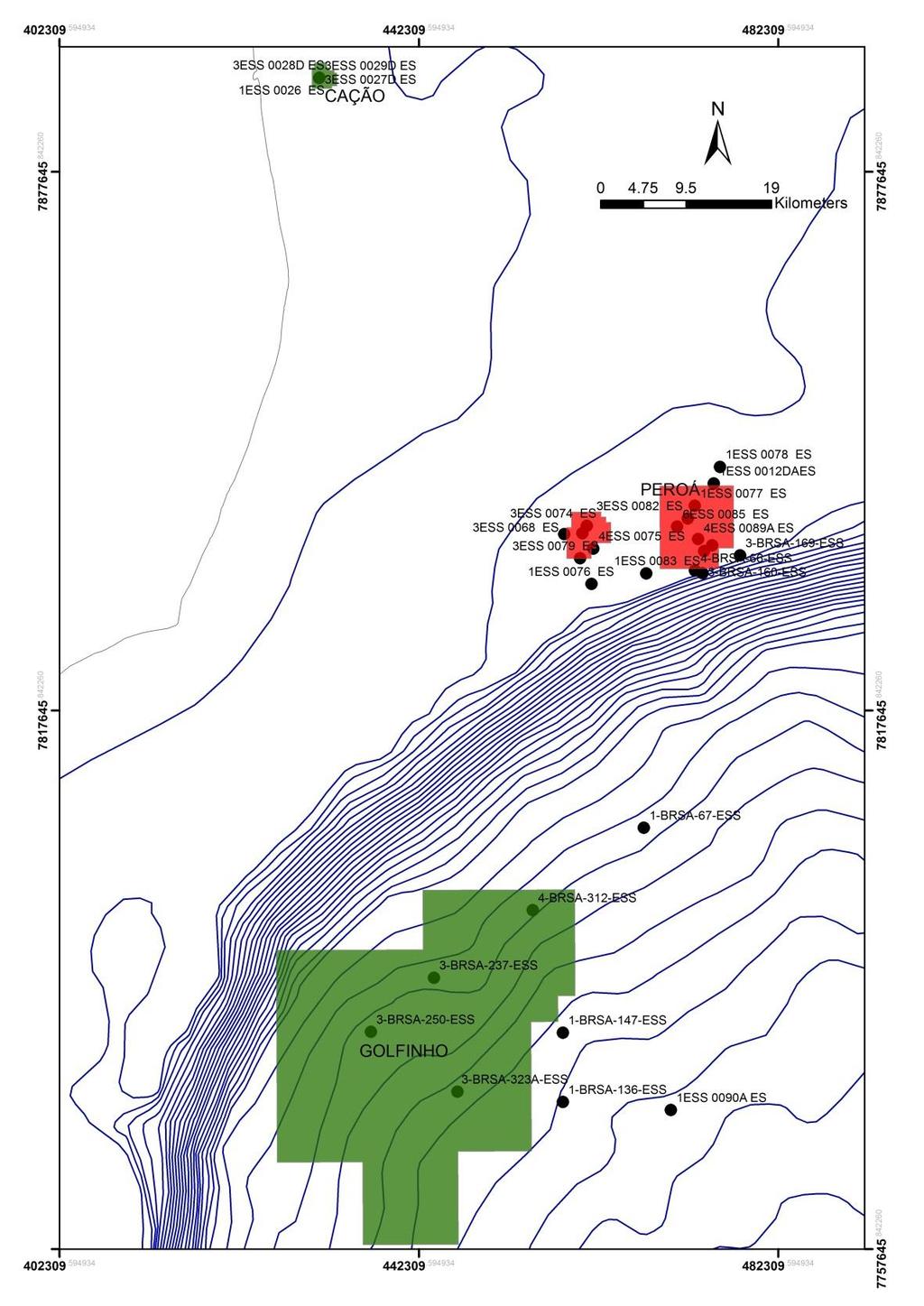43 A Figura 22 mostra a disposição dos poços que foram caracterizados em relação aos campos de petróleo.