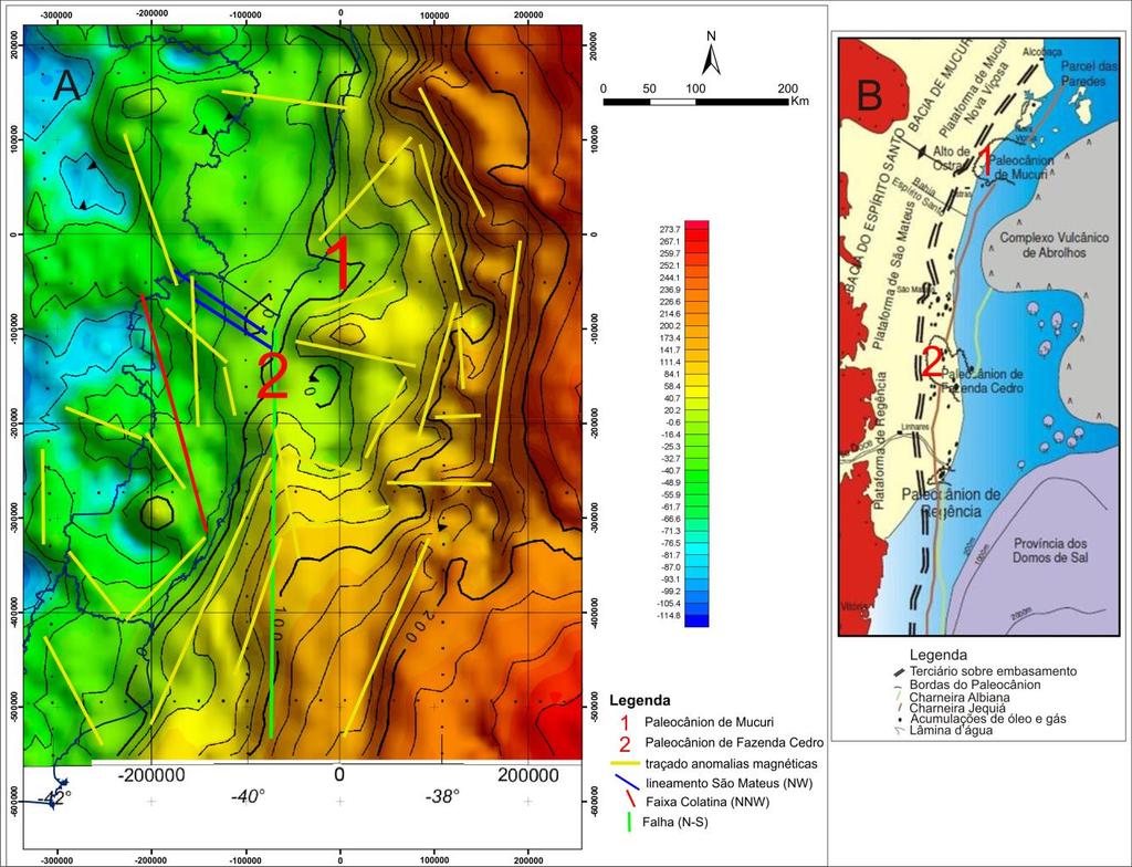 56 Figura 27 - A). Mapa gravimétrico free-air com indicações de falha, Paleocânions, Faixa Colatina e Lineamento São Mateus. B). Mapa estrutural de Carvalho et al.