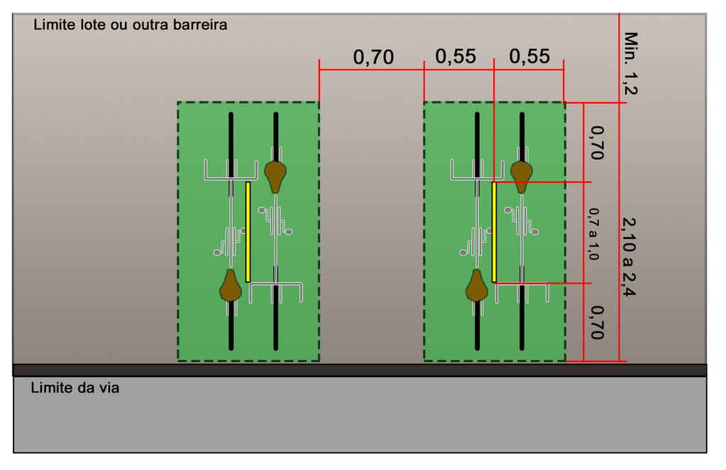 Figura 4. Paraciclos perpendiculares a via, de apoio duplo, em série. Figura 5. Paraciclos em ângulo com a via, de apoio duplo, em série.