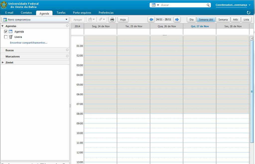 Administrando sua agenda Quando você clica na guia Agenda, uma agenda padrão é disponibilizada.