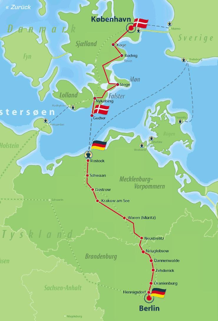 A viagem BERLIN - COPENHAGEN Distância da rota: 630 km Distância percorrida: 808 km (mínimo de