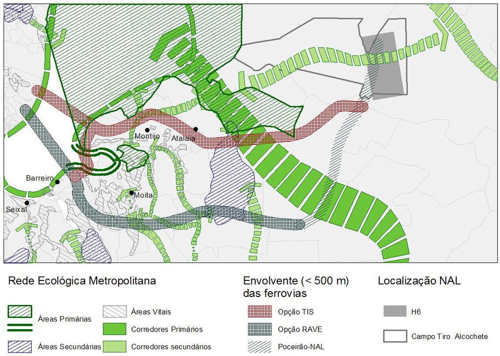 Figura 38 Localização dos dois traçados ferroviários alternativos relativamente à Estrutura Ecológica Regional da Área Metropolitana de Lisboa.