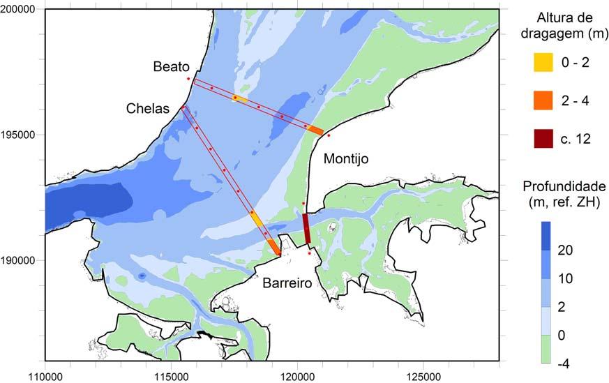 Figura 41 Estimativa da distribuição espacial das dragagens necessárias à execução das alternativas ponte Chelas-Barreiro e ponte Beato-Montijo + túnel Montijo-Barreiro.