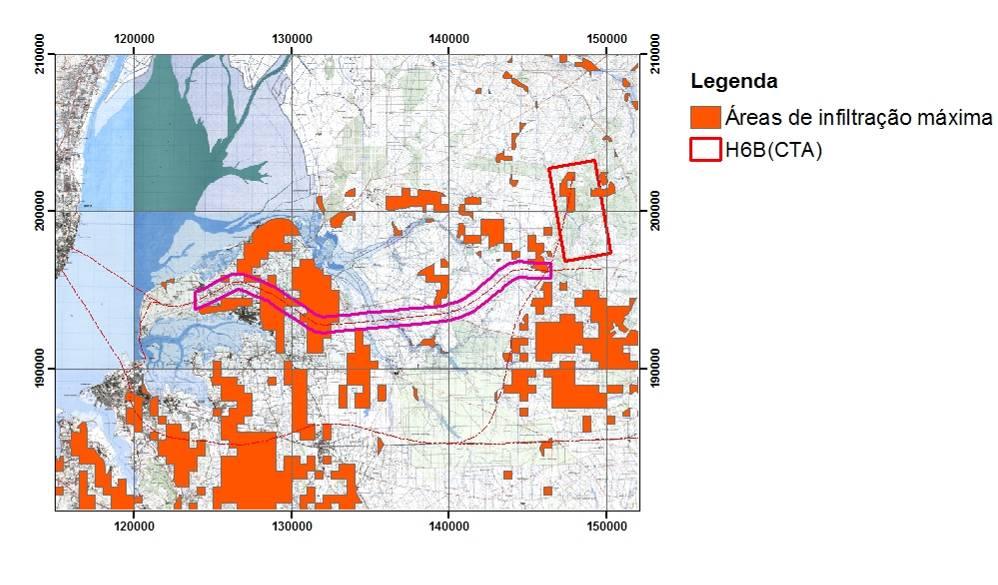 Figura 54 Mapeamento das áreas de infiltração máxima no corredor Barreiro Poceirão NAL (H6B) Figura 55 Mapeamento das áreas de infiltração máxima no