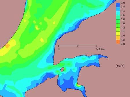 a) b) Figura 75 Módulo das correntes de maré no estuário do Tejo na situação actual: a) valores médios; b) valores máximos.