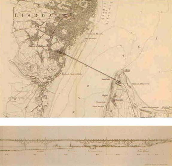 Figura 2 Traçado e alçado da ponte sobre o Tejo proposta em 1889 por Bartissol e Seyring (fonte: CT 88 G Arquivo do GEO referida em Lisboa em Movimento, 1994) A referida aspiração só viria, contudo,