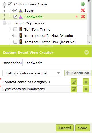 Para criar uma exibição de evento personalizado, clique no sinal + verde. O Criador aparecerá no canto inferior esquerdo do visualizador.