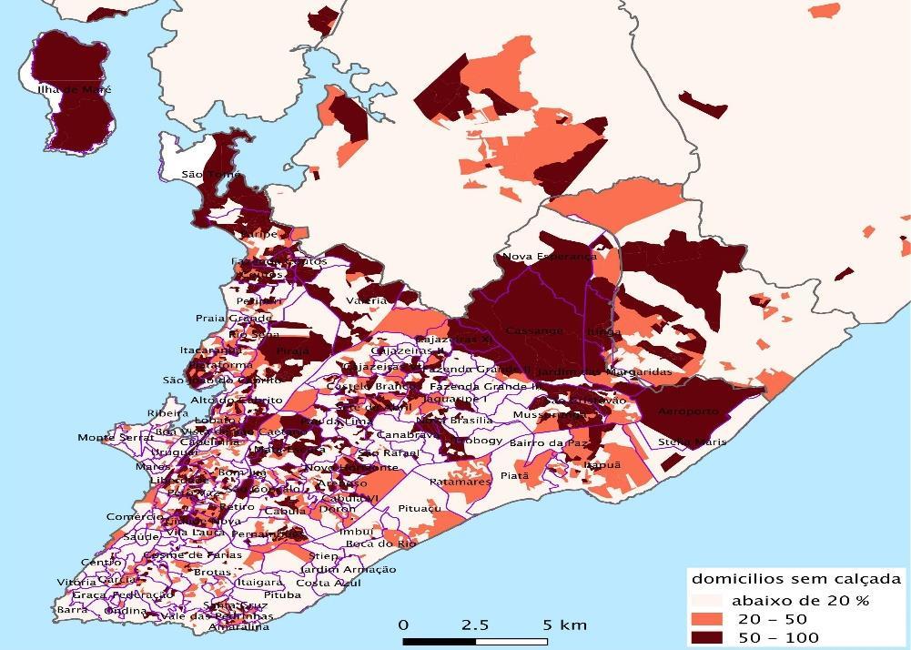 Figura 3 - Percentual de domicílios sem calçada por setor censitário Fonte: IBGE, 2010.