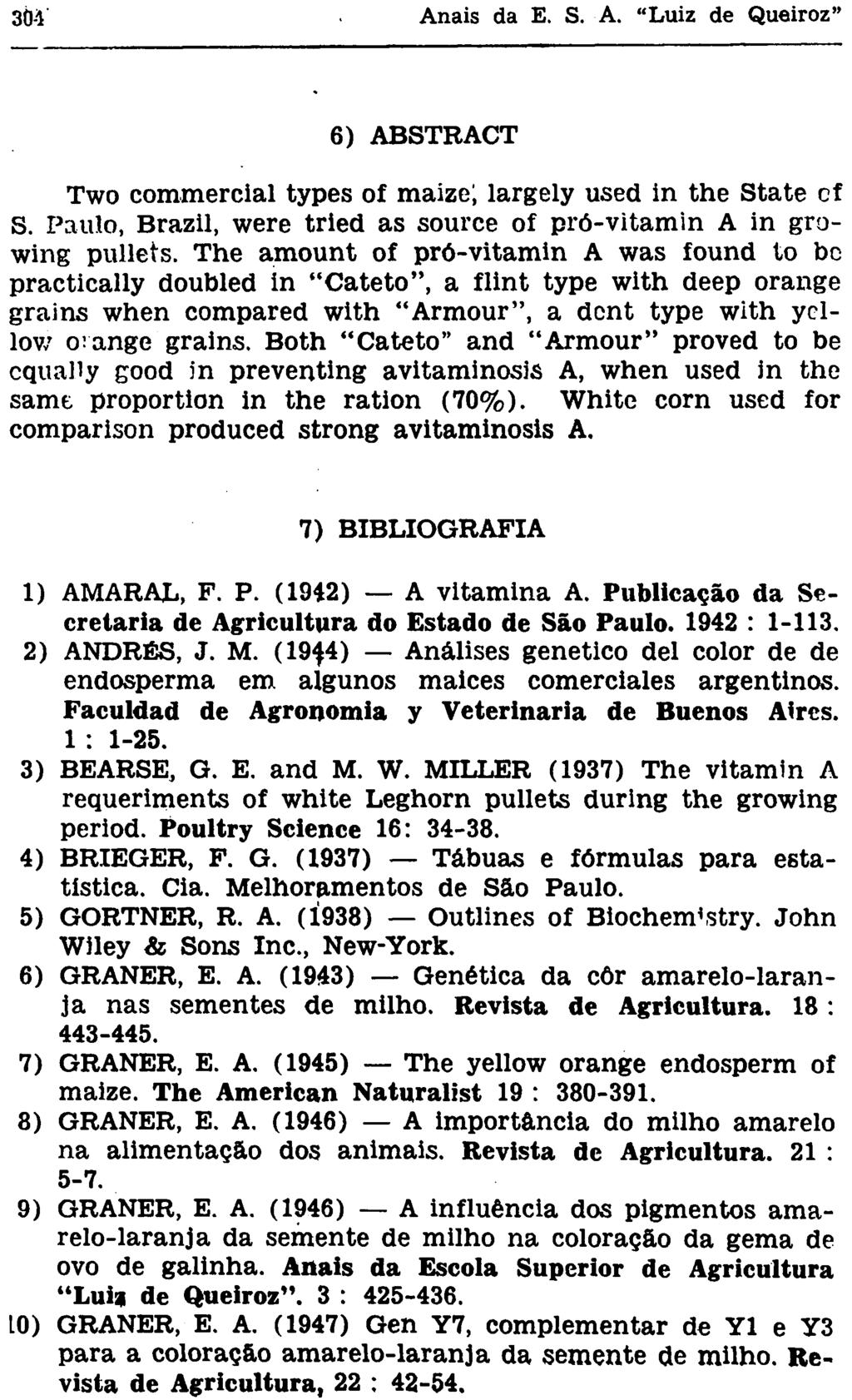 6) ABSTRACT Two commercial types of maize; largely used in the State of S. Paulo, Brazil, were tried as source of pró-vitamin A in growing pullets.